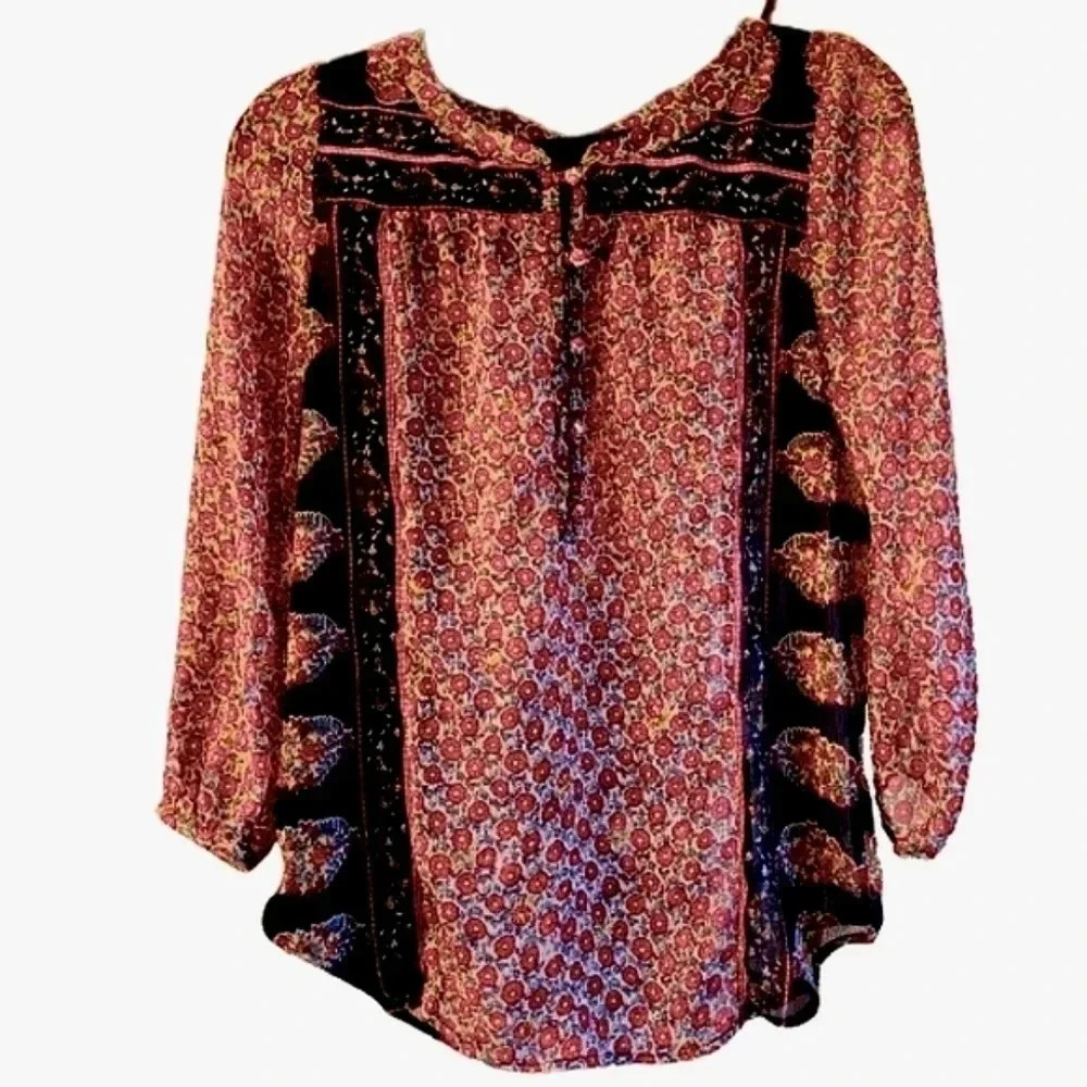 Artisan Lucky Brand Live in Love Boho Printed Blouse | XS | Made in India